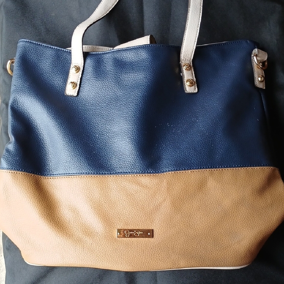Jessica Simpson Stylish Blue and Tan Tote Bag - Picture 1 of 9